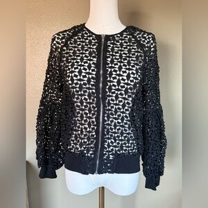 Gracia Black Crochet Bomber Jacket Black Zip Up